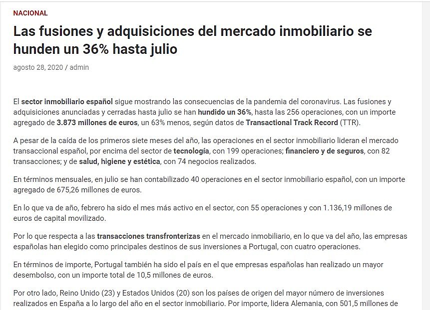 Las fusiones y adquisiciones del mercado inmobiliario se hunden un 36% hasta julio